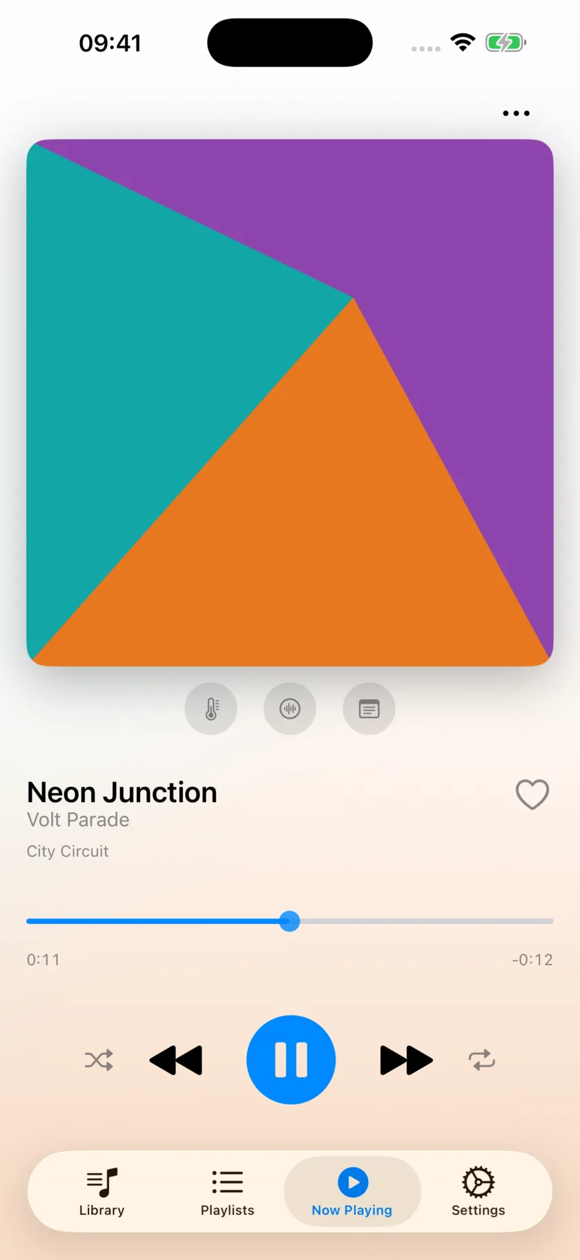 Now Playing showing large album artwork, track details and playback controls