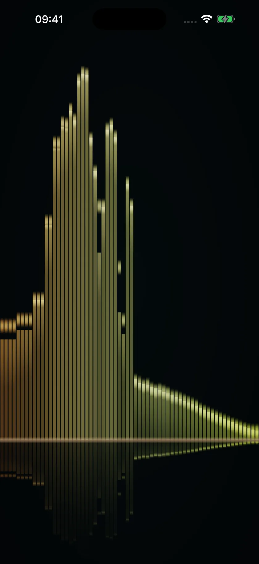 A full-screen spectrum visualiser with frequency bars reacting to the music