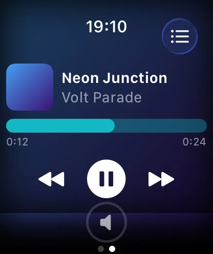 Apple Watch player showing album artwork and playback controls
