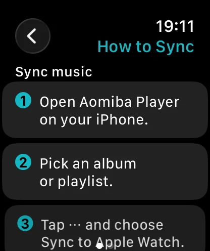 Apple Watch screen explaining how to sync music from iPhone